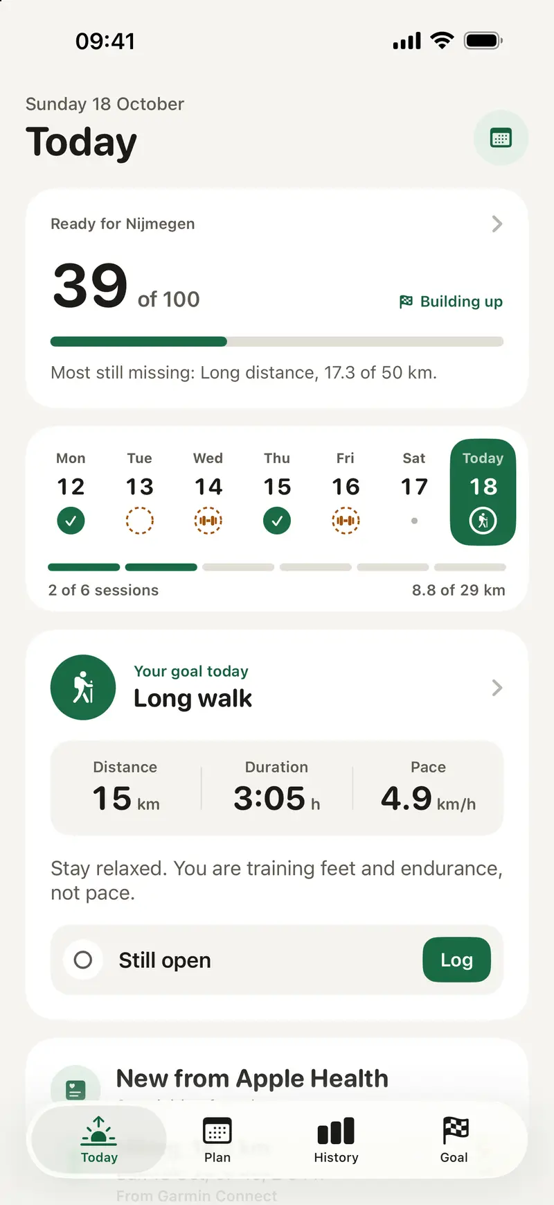 Etappe on the iPhone: Today screen with readiness 39 out of 100, the week bar and a long walk of 15 km.