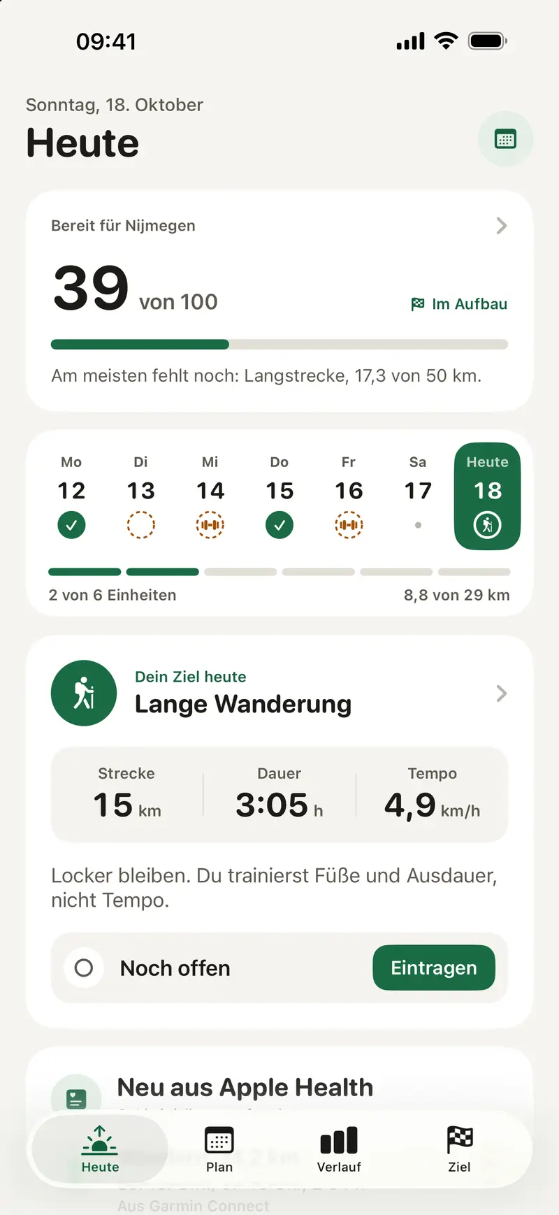 Etappe auf dem iPhone: Heute-Ansicht mit Readiness 39 von 100, Wochenleiste und langer Wanderung über 15 km.
