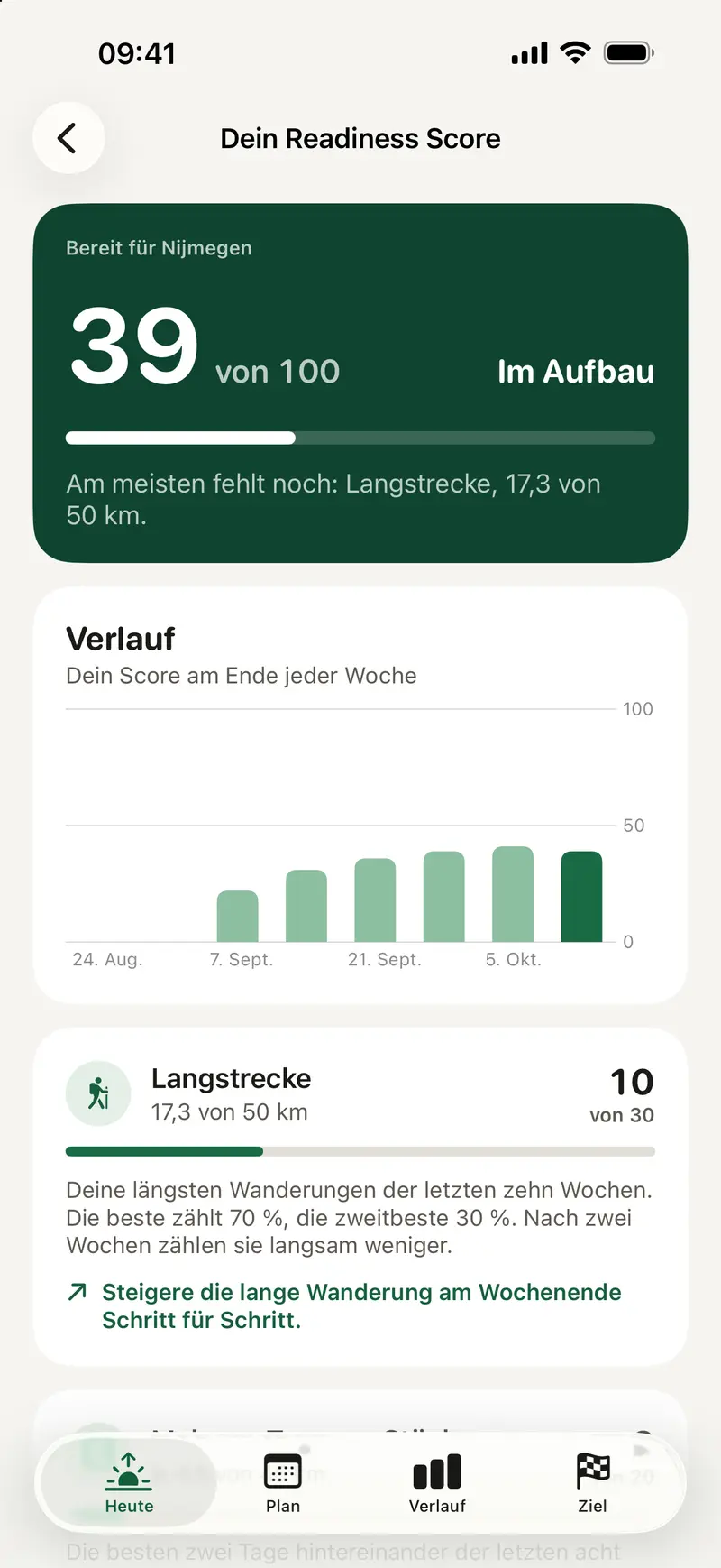 Readiness Score: 39 von 100, im Aufbau. Verlauf je Woche und der Hinweis, dass die Langstrecke am meisten fehlt.