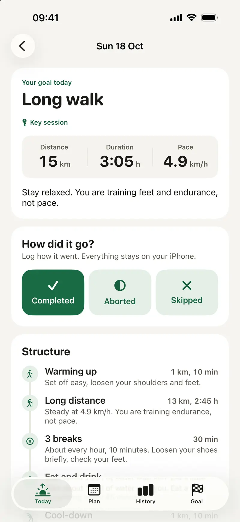 Session of the day: long walk of 15 km in 3:05 hours, with warm-up, long stretch and breaks.
