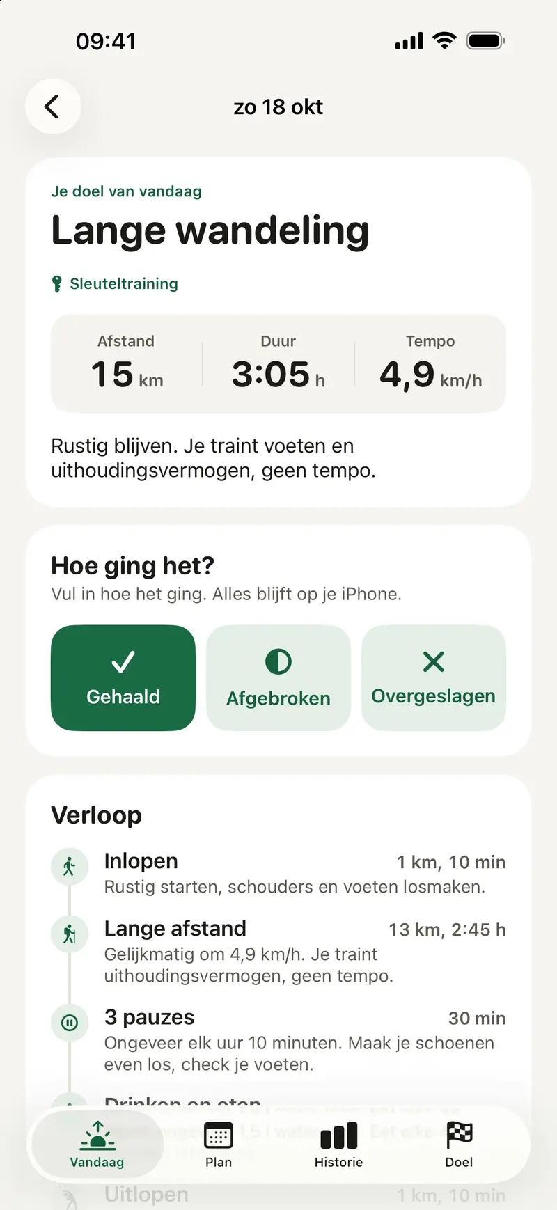 Training van vandaag: lange wandeling van 15 km in 3:05 uur, met inlopen, lange afstand en pauzes.