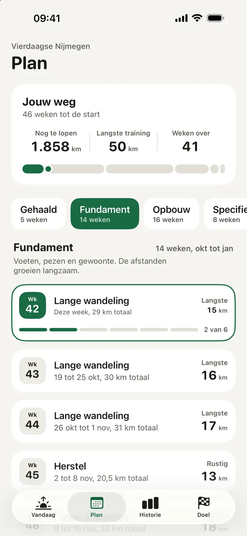 Schemaweergave: weken tot de start, fase Fundament en de volgende lange wandelingen week na week.