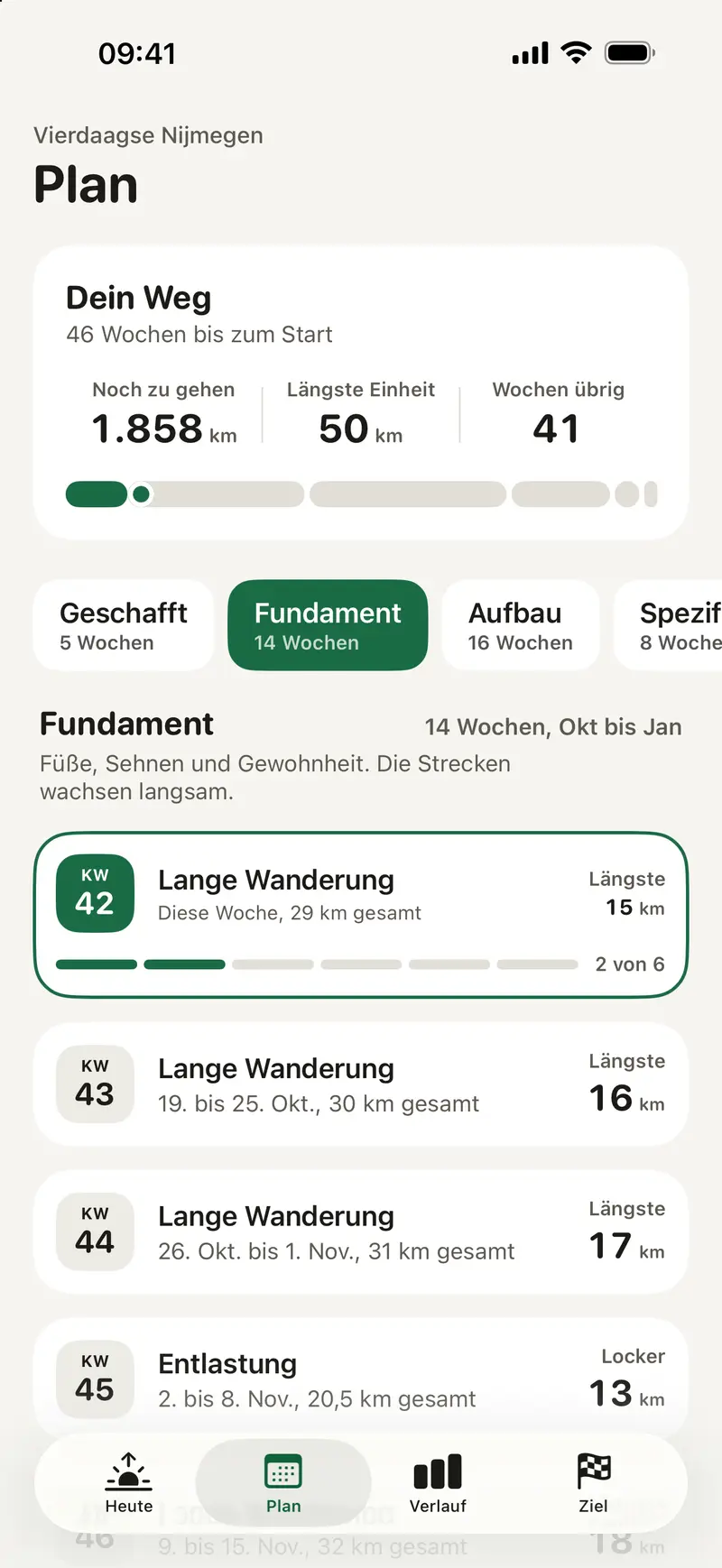 Planansicht: Wochen bis zum Start, Phase Fundament und die nächsten langen Wanderungen Woche für Woche.