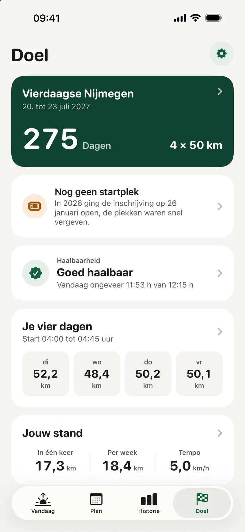 Etappe, doelscherm Vierdaagse met aftelling in dagen en de vier dagen.