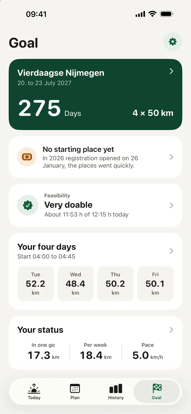 Etappe goal screen for the Vierdaagse with a countdown in days and the four days.