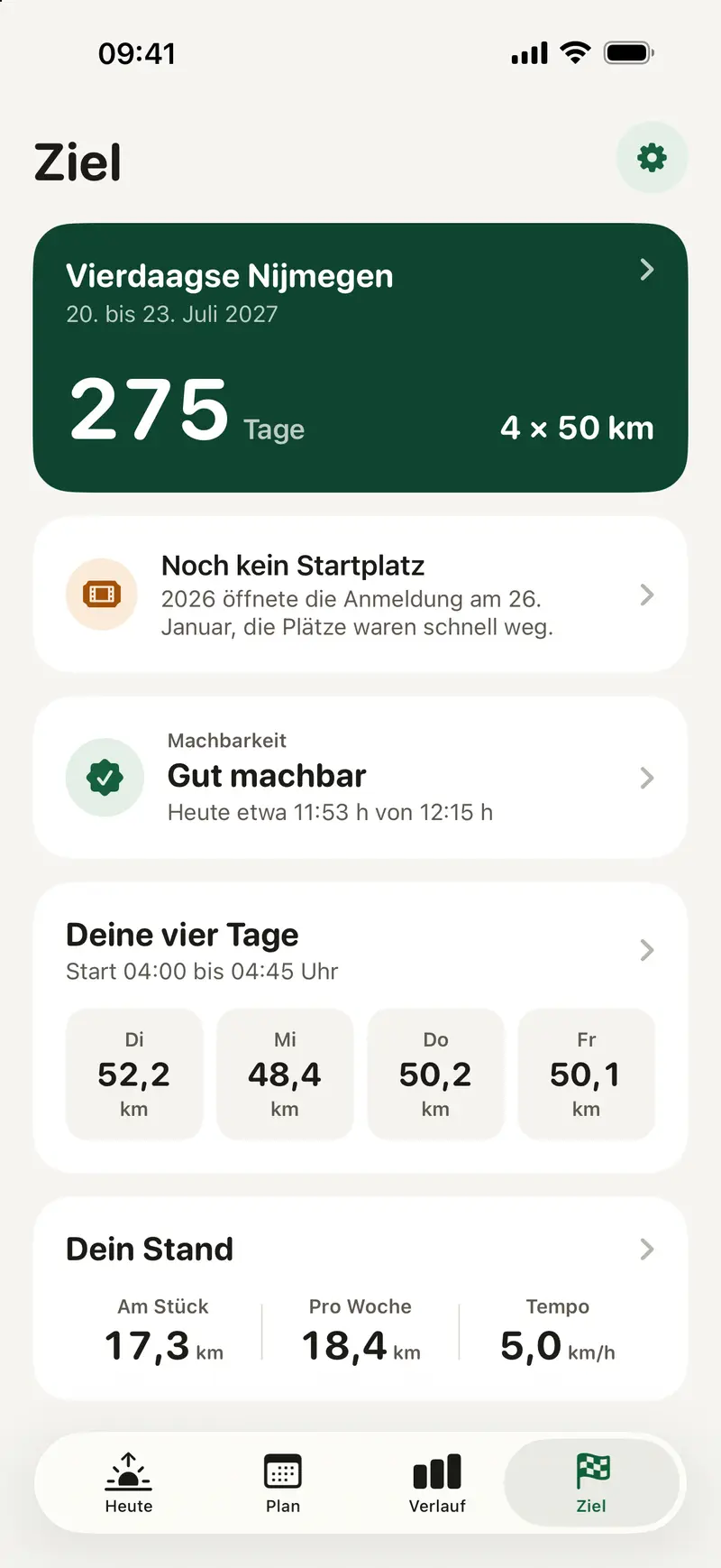 Etappe-Bildschirm Ziel mit der Vierdaagse-Distanz und dem Countdown bis zum Start