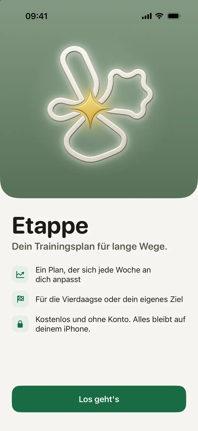 Willkommensbildschirm von Etappe mit dem Zeichen auf Salbeigrün und dem Satz: Dein Trainingsplan für lange Wege.